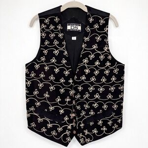 Vintage Suede Leather Patchwork Embroidered Vest Sz M Black Cream Western Cowboy